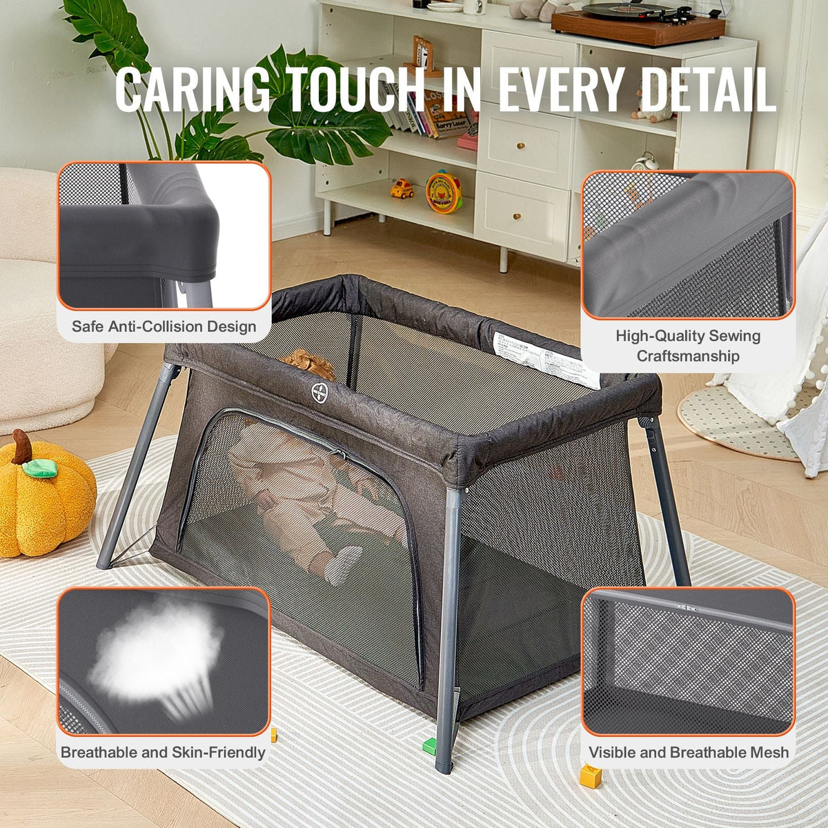 Baby Travel Crib and Play Yard, Folding Baby Playpen with Zipper Gate & Soft Mattress, Portable Toddler Crib with Breathable Mesh, Travel Bag, Indoor/Outdoor Kids Activity Center for 0-36 Months