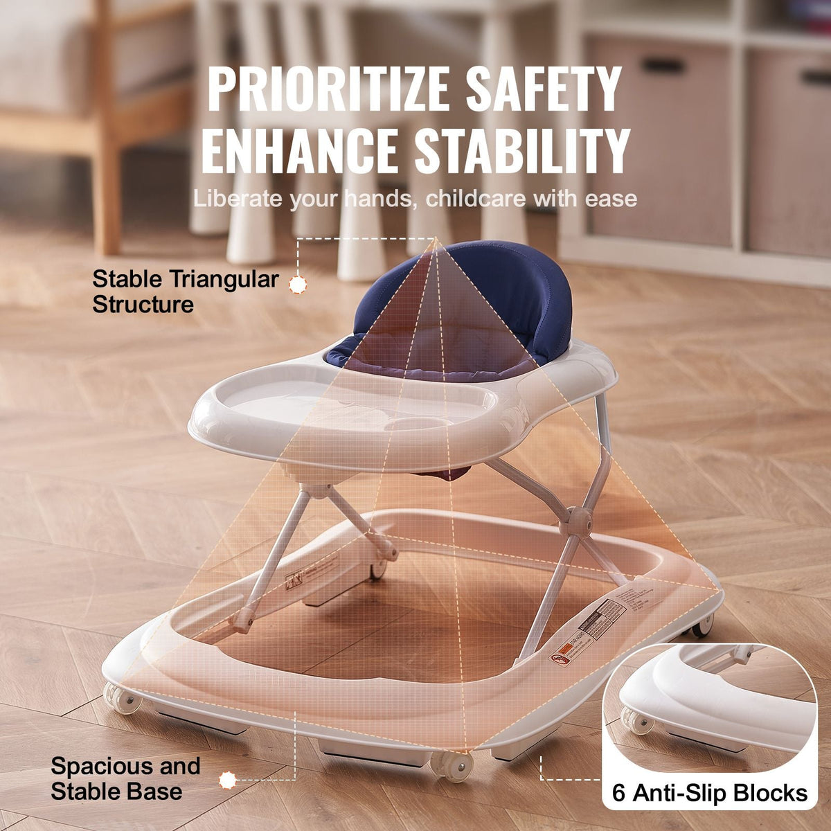 Baby Walker, Foldable Baby Walkers with 3-Level Adjustable Height, Rolling Toddler Walker and Activity Center with Wheels & Feeding Tray, Anti-Rollover Activity Helper for Boy Girl 6-12 Months