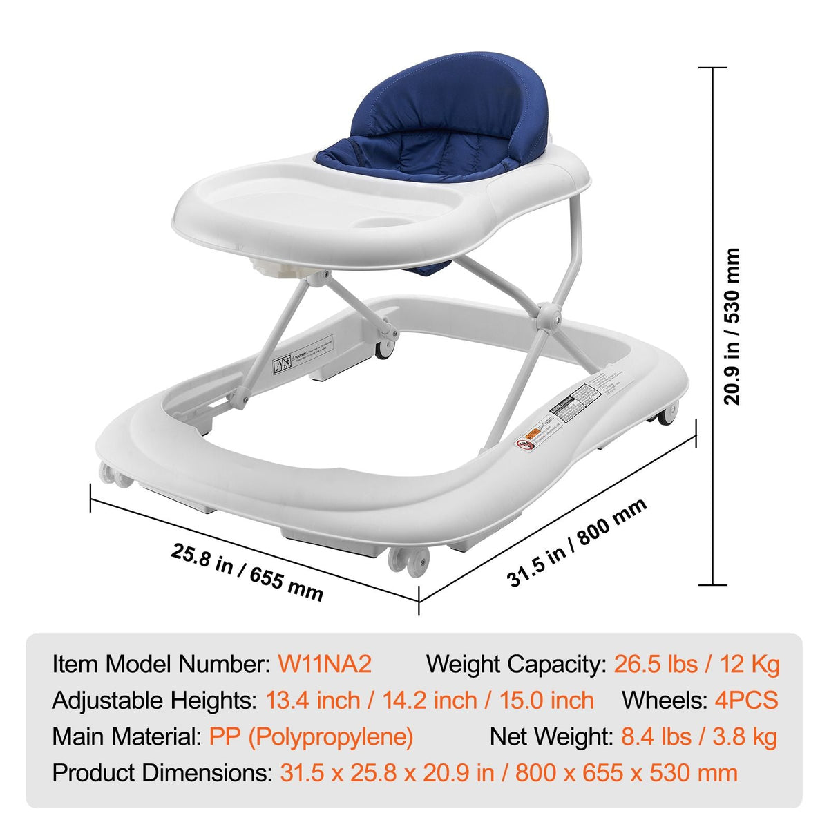 Baby Walker, Foldable Baby Walkers with 3-Level Adjustable Height, Rolling Toddler Walker and Activity Center with Wheels & Feeding Tray, Anti-Rollover Activity Helper for Boy Girl 6-12 Months