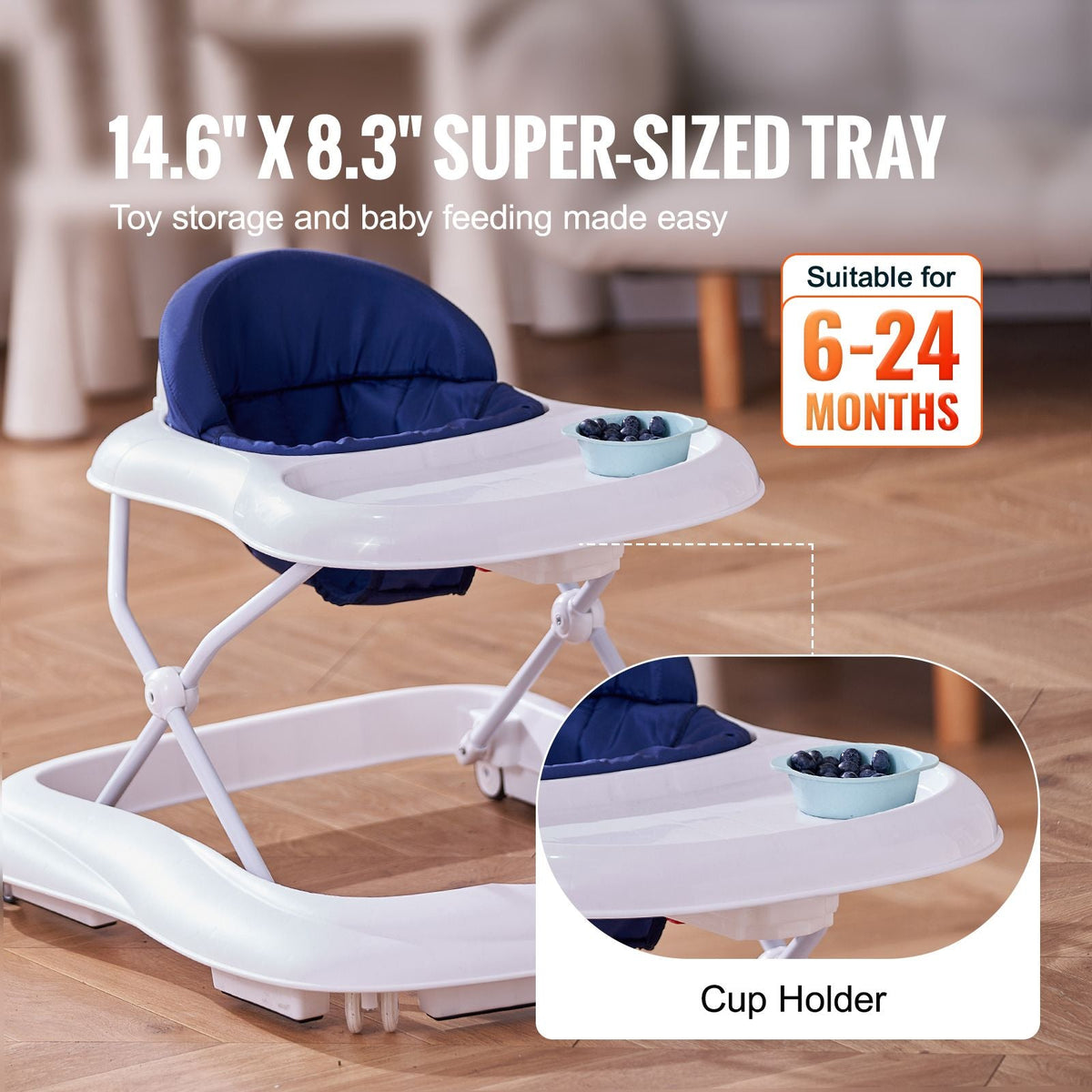 Baby Walker, Foldable Baby Walkers with 3-Level Adjustable Height, Rolling Toddler Walker and Activity Center with Wheels & Feeding Tray, Anti-Rollover Activity Helper for Boy Girl 6-12 Months