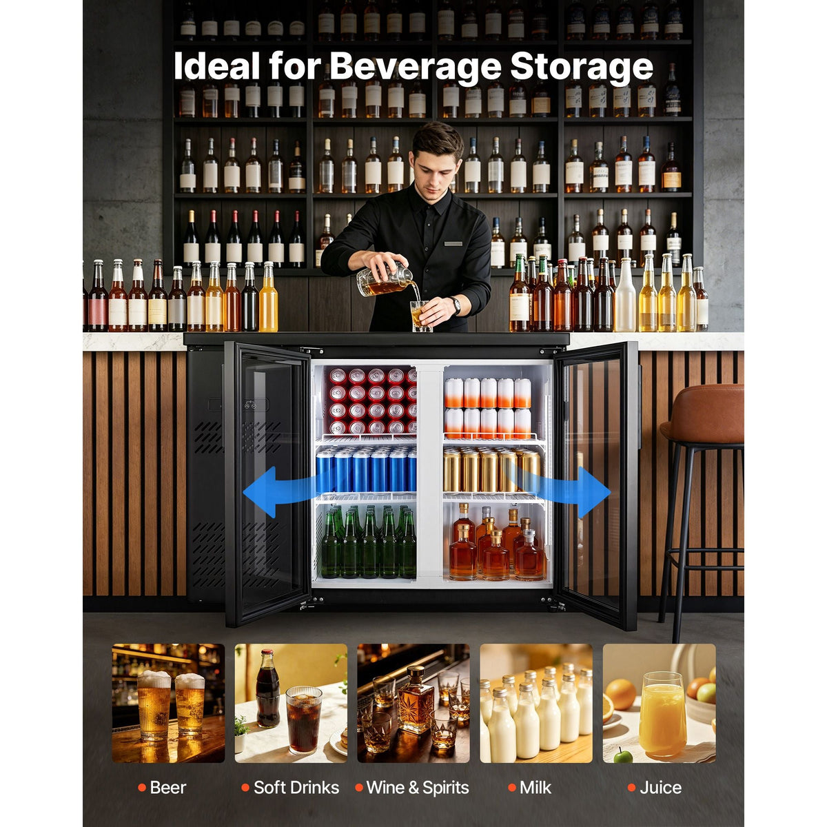 Back Bar Cooler, 11.8 Cu. Ft Counter Height Beverage Refrigerator, Commercial Display Fridge w/ 2 Glass Doors, LED Lighting, Shelves, Fan Cooling Beer Wine Cooler for Pub, Merchandiser, Office