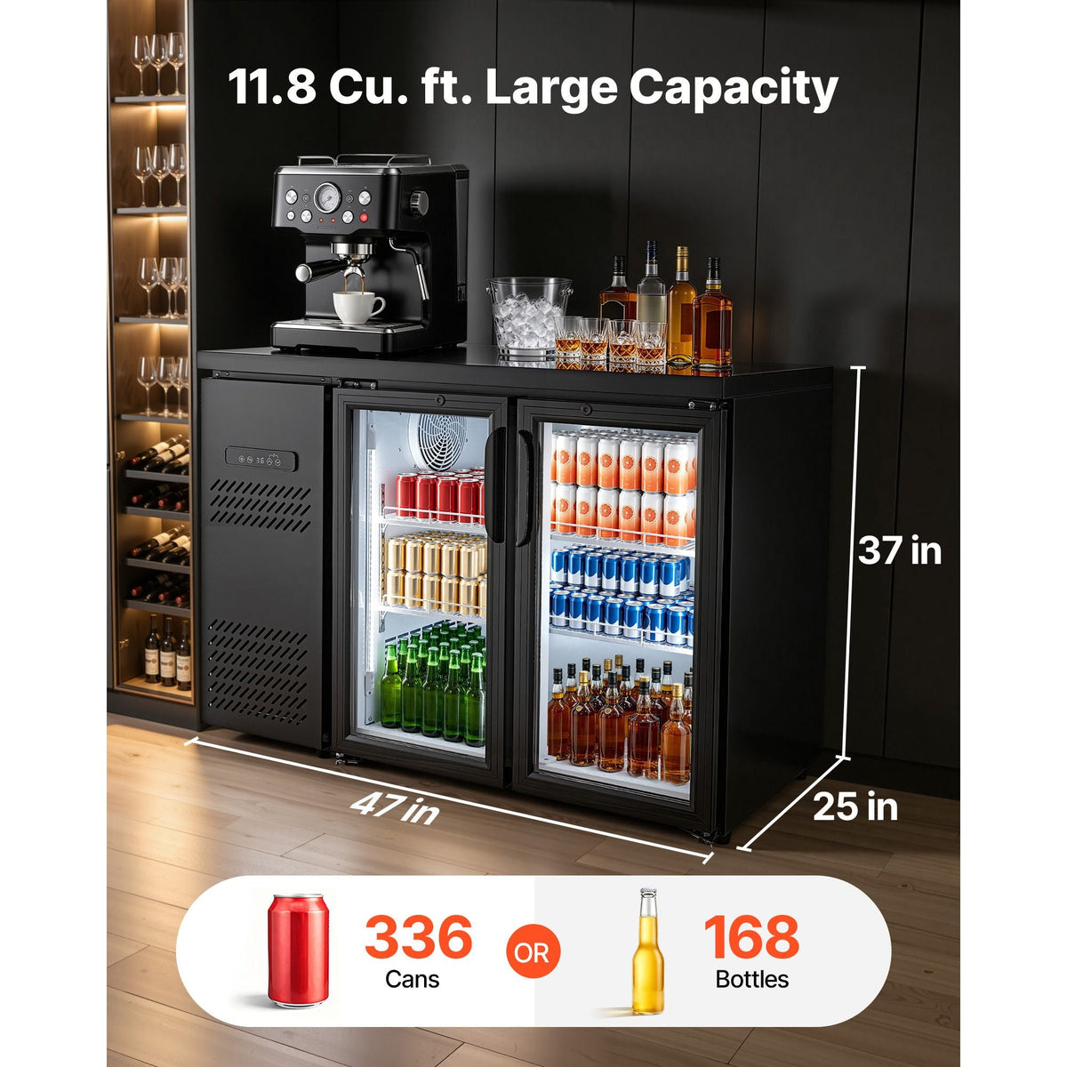 Back Bar Cooler, 11.8 Cu. Ft Counter Height Beverage Refrigerator, Commercial Display Fridge w/ 2 Glass Doors, LED Lighting, Shelves, Fan Cooling Beer Wine Cooler for Pub, Merchandiser, Office