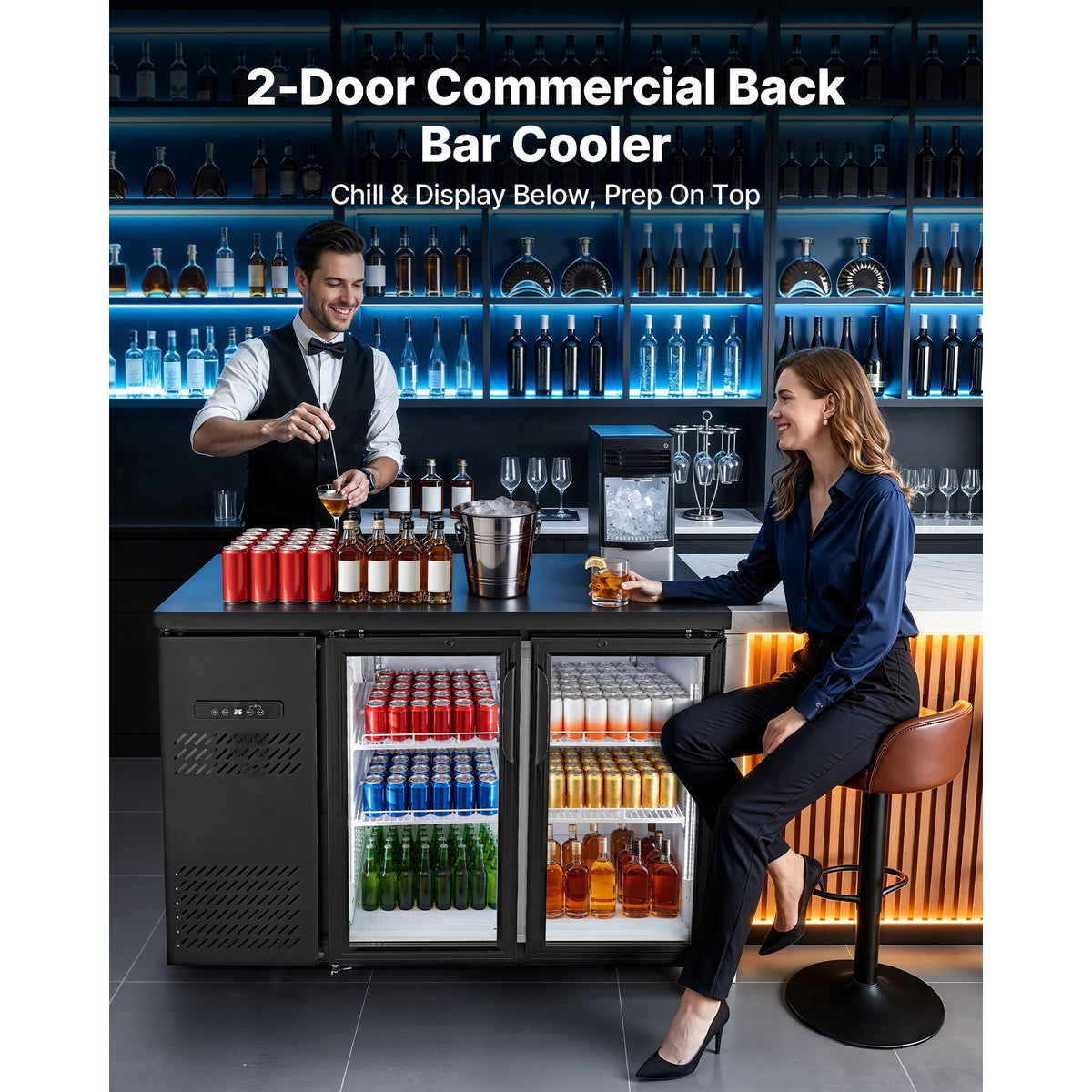 Back Bar Cooler, 11.8 Cu. Ft Counter Height Beverage Refrigerator, Commercial Display Fridge w/ 2 Glass Doors, LED Lighting, Shelves, Fan Cooling Beer Wine Cooler for Pub, Merchandiser, Office