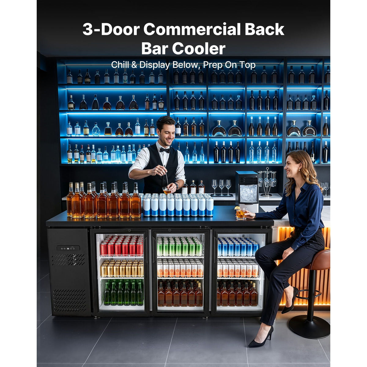 Back Bar Cooler, 19.6 Cu. Ft Counter Height Beverage Refrigerator, Commercial Bar Display Fridge w/ 3 Glass Doors, LED Lighting, Fan Cooling Beer Wine Cooler for Pub, Merchandiser, Store