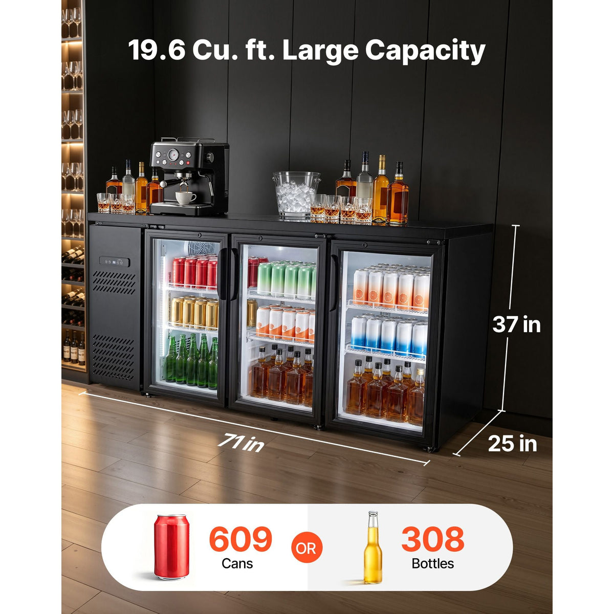 Back Bar Cooler, 19.6 Cu. Ft Counter Height Beverage Refrigerator, Commercial Bar Display Fridge w/ 3 Glass Doors, LED Lighting, Fan Cooling Beer Wine Cooler for Pub, Merchandiser, Store
