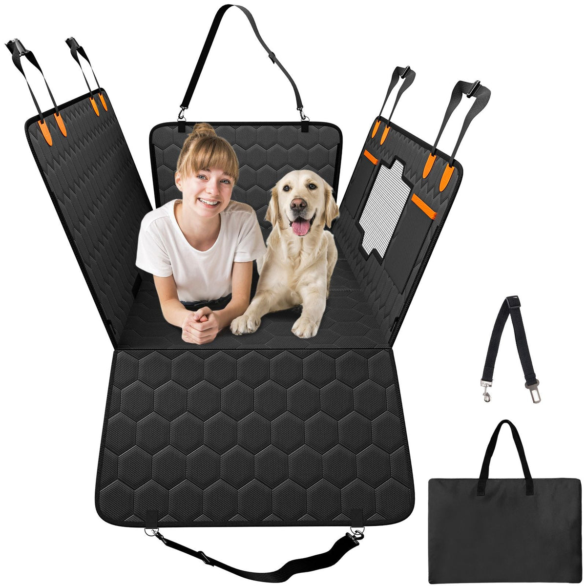 Back Seat Extender, Dog Car Seat Cover for Back Seat Bed with Mesh Window and Storage Pocket, Supports 350lbs Dog Hammock for Car Dog Car Bed 54"x25.6" for Car, SUV, Truck