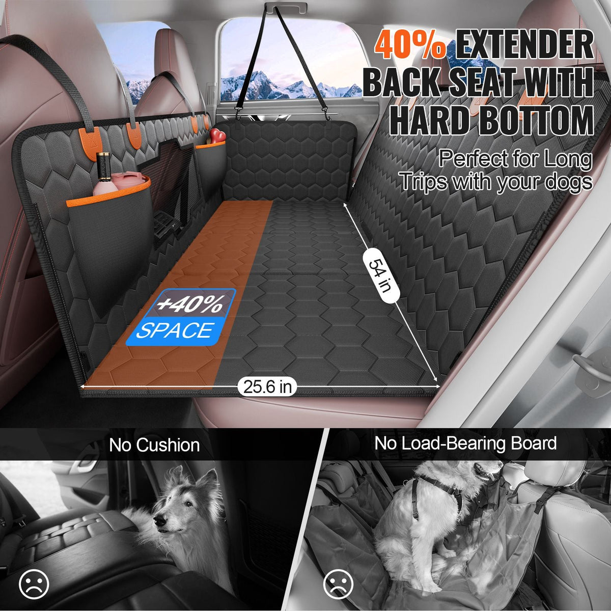 Back Seat Extender, Dog Car Seat Cover for Back Seat Bed with Mesh Window and Storage Pocket, Supports 350lbs Dog Hammock for Car Dog Car Bed 54"x25.6" for Car, SUV, Truck