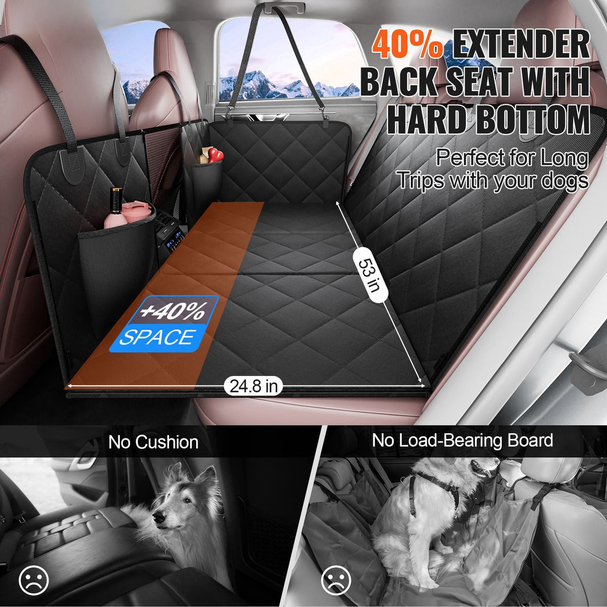 Back Seat Extender for Dogs,Dog Hammock for Car Back seat, Dog Car Seat Cover with Hard Bottom Dog Car Seat Bed 53"x24.8" ,Supports 350lb with Mesh Window and Storage Pocket for Car, SUV,Truck