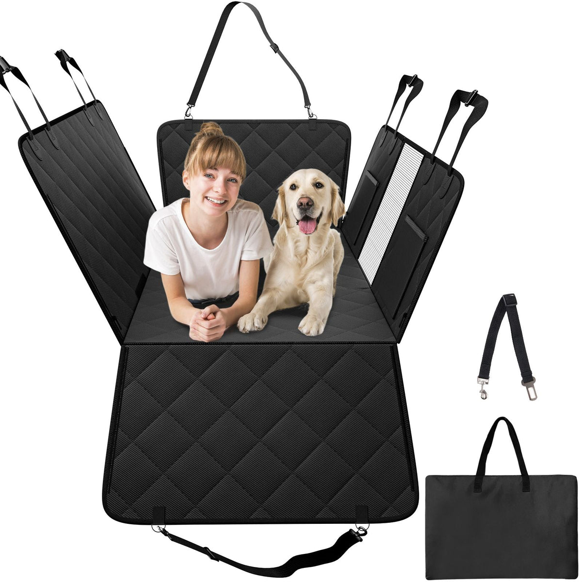 Back Seat Extender for Dogs,Dog Hammock for Car Back seat, Dog Car Seat Cover with Hard Bottom Dog Car Seat Bed 53"x24.8" ,Supports 350lb with Mesh Window and Storage Pocket for Car, SUV,Truck