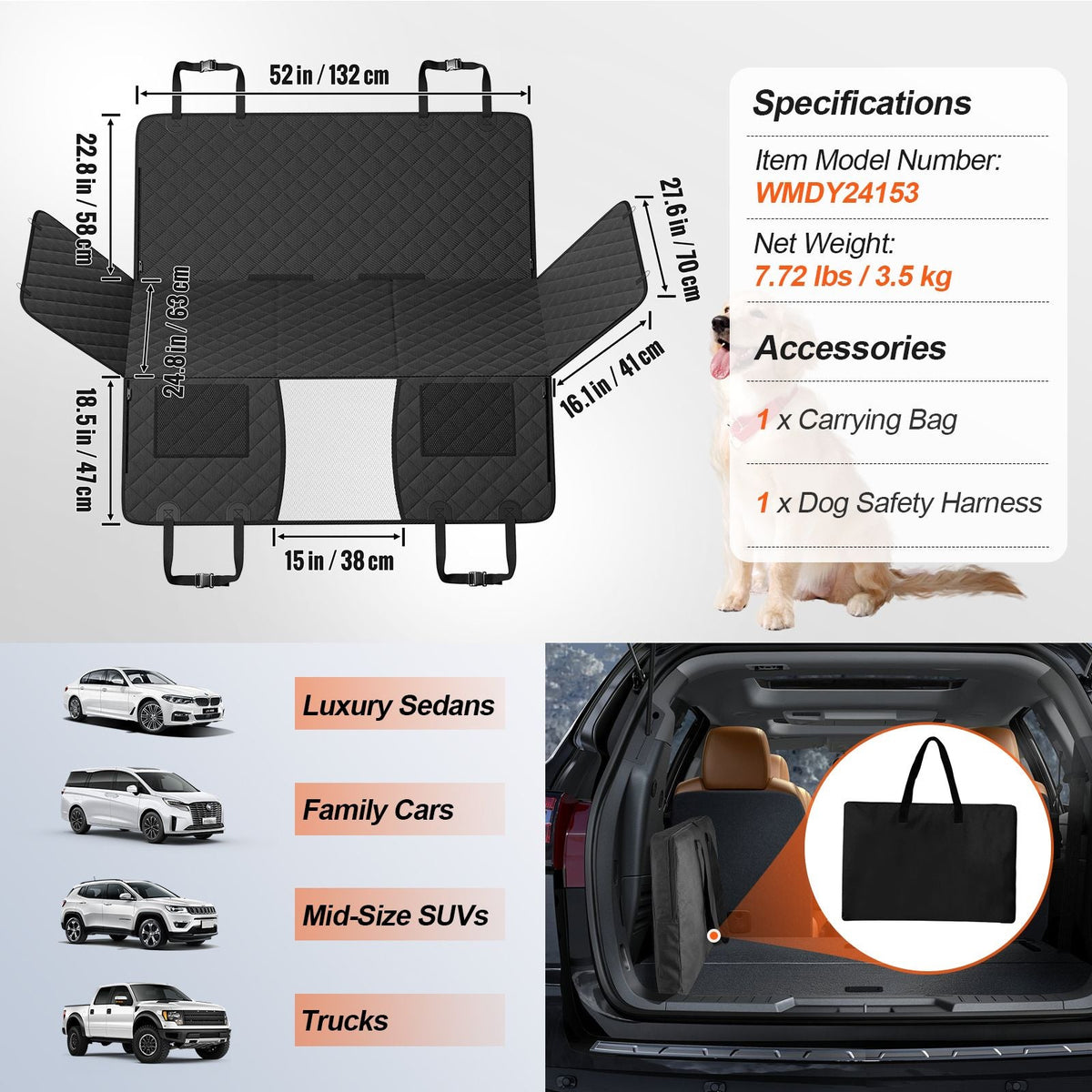 Back Seat Extender for Dogs,Dog Hammock for Car Back seat,Dog Car Seat Cover with Hard Bottom Dog Car Seat Bed 52"x24.8" ,Supports 350lb with Mesh Window and Storage Pocket for Car, SUV