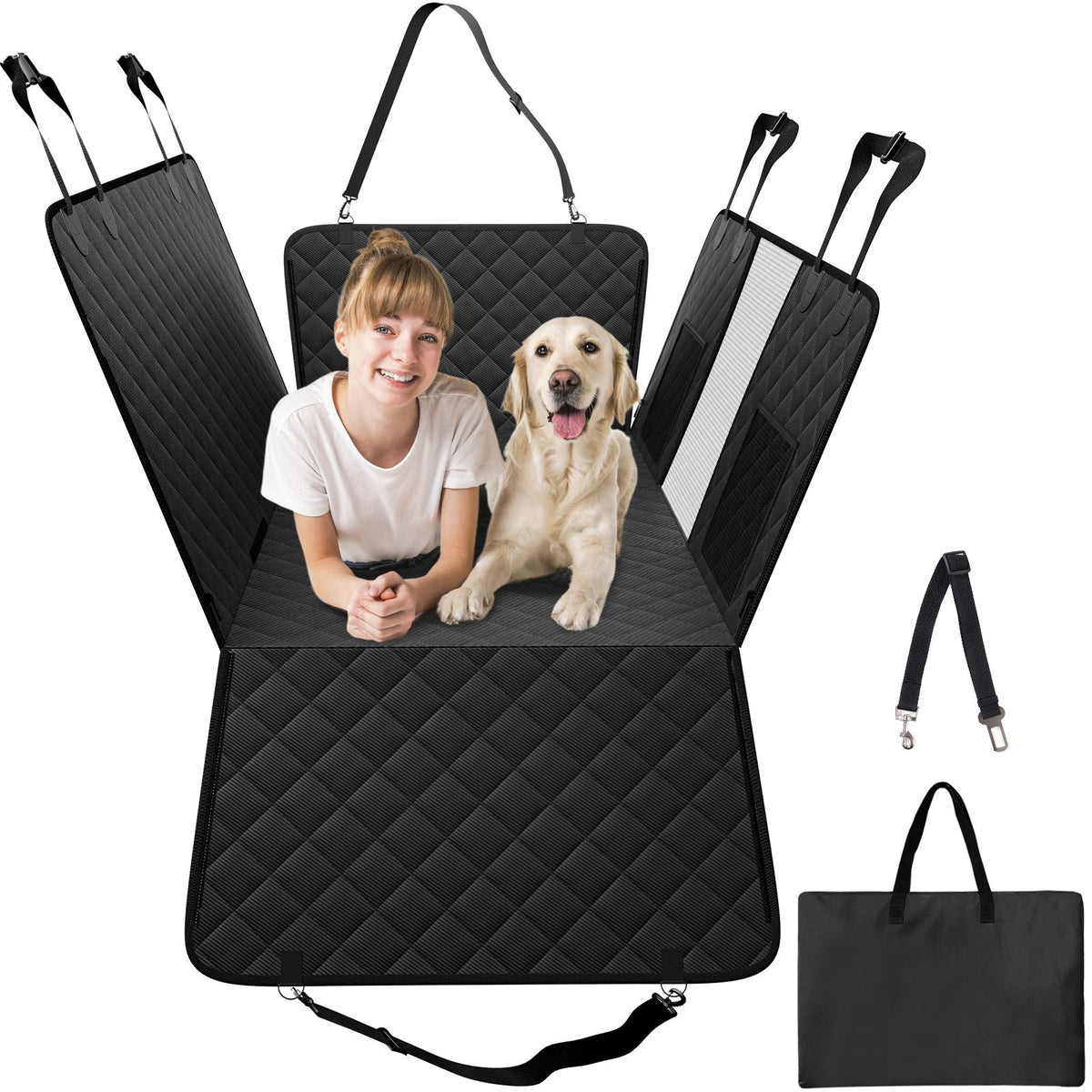 Back Seat Extender for Dogs,Dog Hammock for Car Back seat,Dog Car Seat Cover with Hard Bottom Dog Car Seat Bed 52"x24.8" ,Supports 350lb with Mesh Window and Storage Pocket for Car, SUV