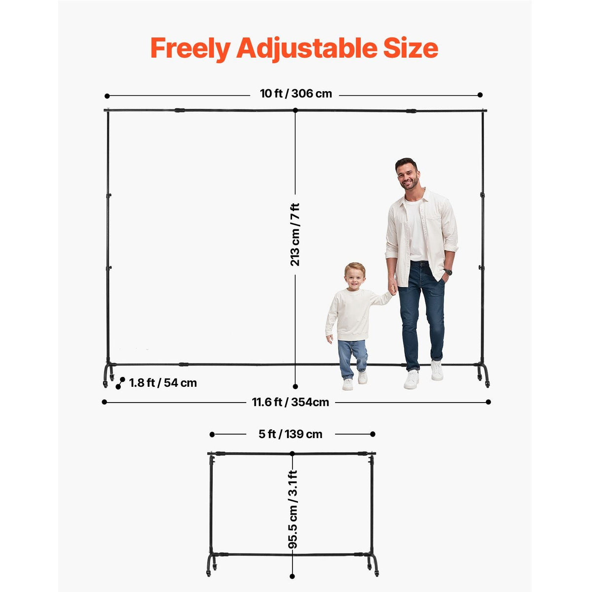 Backdrop Stand with Wheels, 7 x 10 ft Adjustable Photo Backdrop Stand Kit, Moveable Background Backdrop Stand, Heavy Duty Projector Screen Stand, for Wedding, Photo Studio & Party