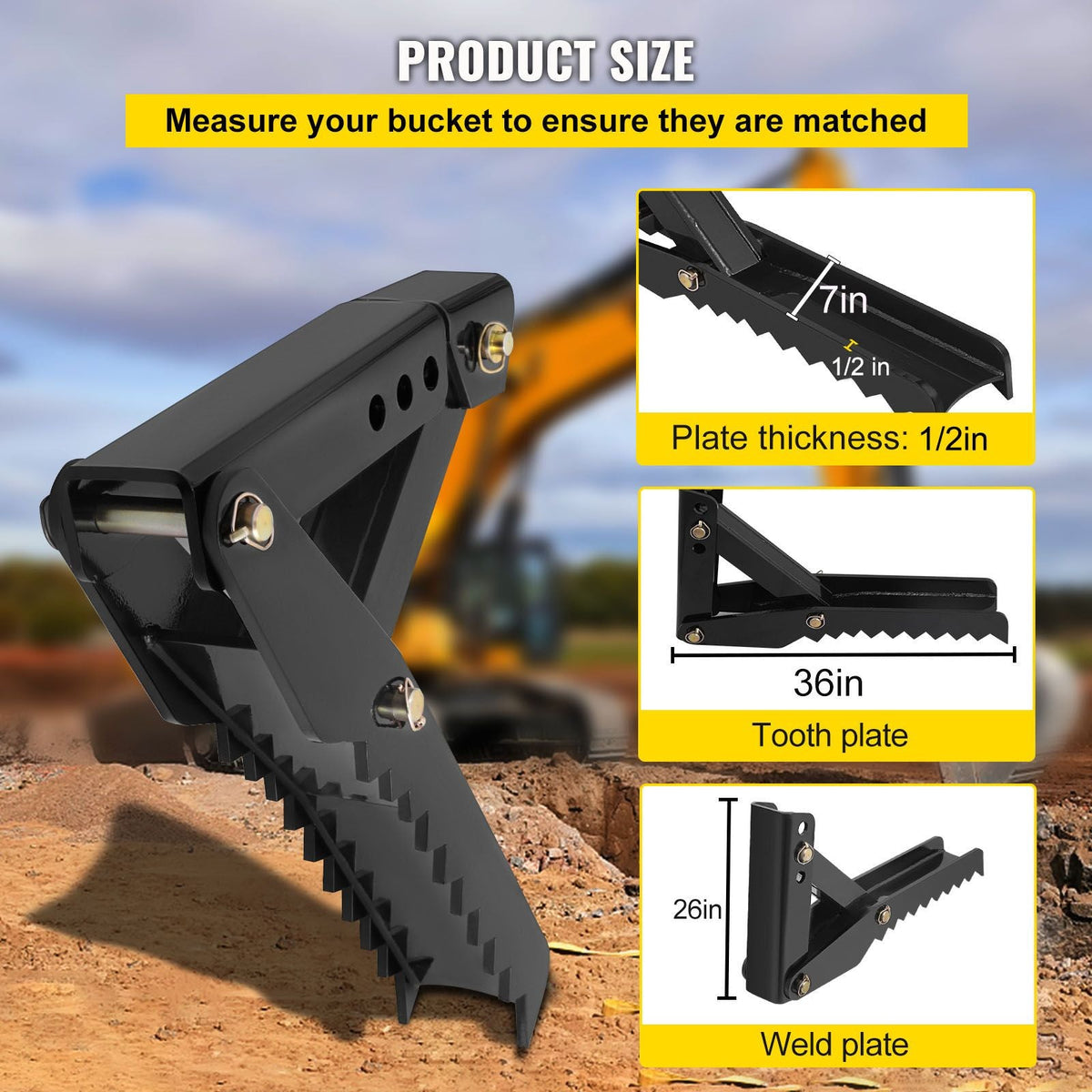 Backhoe Excavator Thumb Attachments, 36 inch Adjustable Extreme Weld On Backhoe Thumb Hoe Clamp 1/2 Inch Teeth Thick Steel Plate 16MM Assembly Bolt-On Design