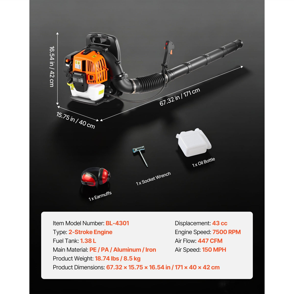 Backpack Leaf Blower, 43CC 2-Stroke Engine Gas Powered Leaf Blower with 1.38L Fuel Tank, 447 CFM Air Volume, 150 MPH Air Speed, Ideal for Lawn Care, Leaves Cleaning, Yard Debris & Snow Removal