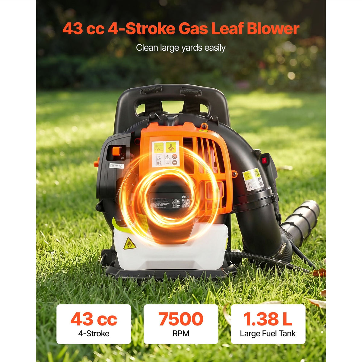 Backpack Leaf Blower, 43CC 2-Stroke Engine Gas Powered Leaf Blower with 1.38L Fuel Tank, 447 CFM Air Volume, 150 MPH Air Speed, Ideal for Lawn Care, Leaves Cleaning, Yard Debris & Snow Removal