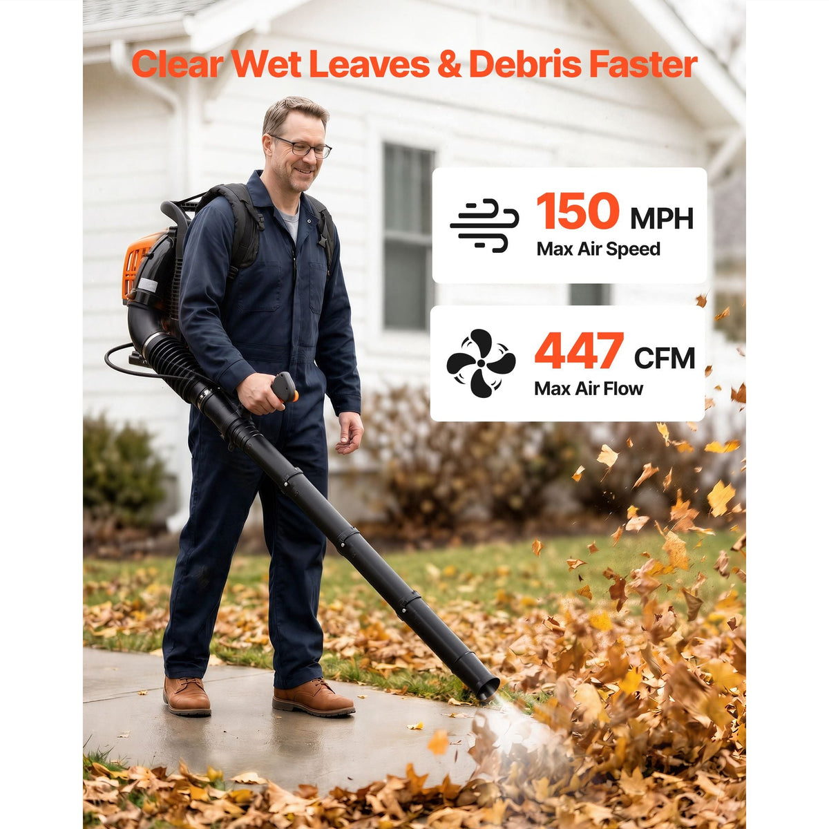 Backpack Leaf Blower, 43CC 2-Stroke Engine Gas Powered Leaf Blower with 1.38L Fuel Tank, 447 CFM Air Volume, 150 MPH Air Speed, Ideal for Lawn Care, Leaves Cleaning, Yard Debris & Snow Removal