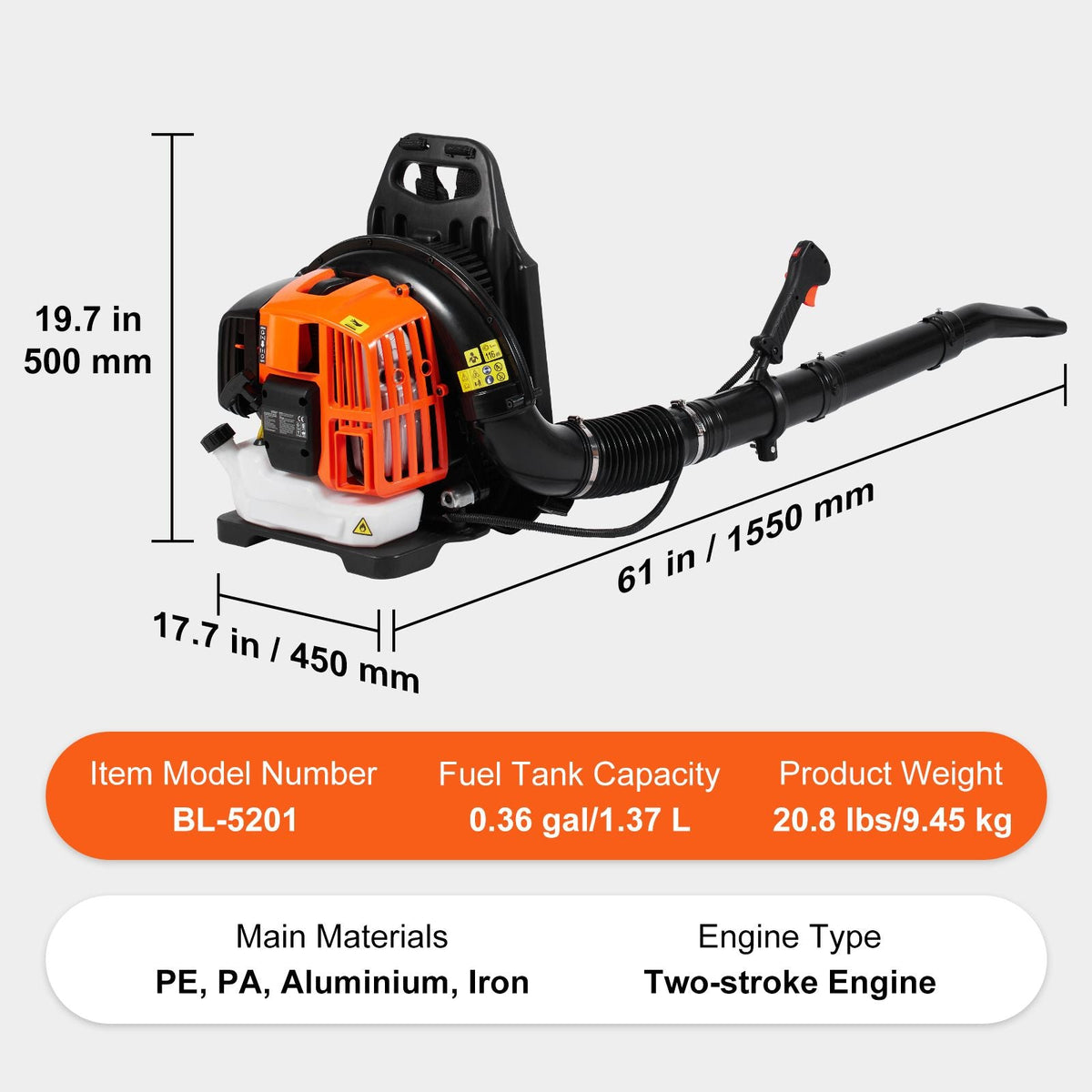 Backpack Leaf Blower, 52CC 2-Cycle Leaf Blower with 1.37L Fuel Tank, 480CFM Air Volume 175MPH Speed, Ideal for Lawn Care, Leaf Cleaning, and Snow Removal