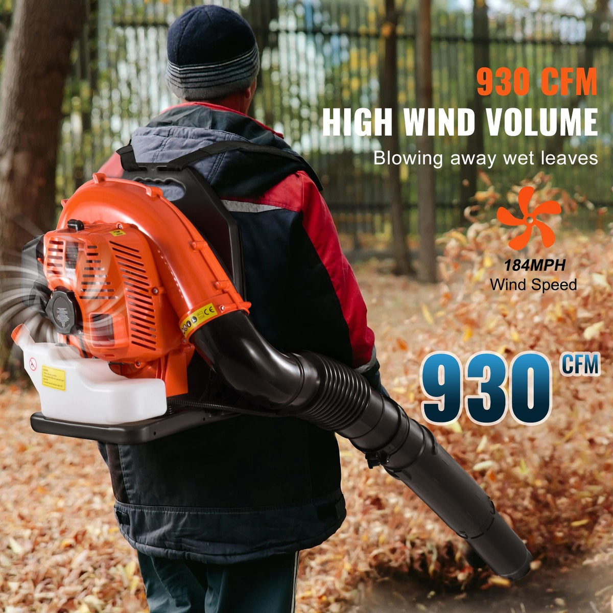 Backpack Leaf Blower, 79CC 2-Cycle Gas Leaf Blower with 3L Fuel Tank, 930CFM Air Volume 184MPH Speed, Ideal for Lawn Care, Leaf Cleaning, and Snow Removal