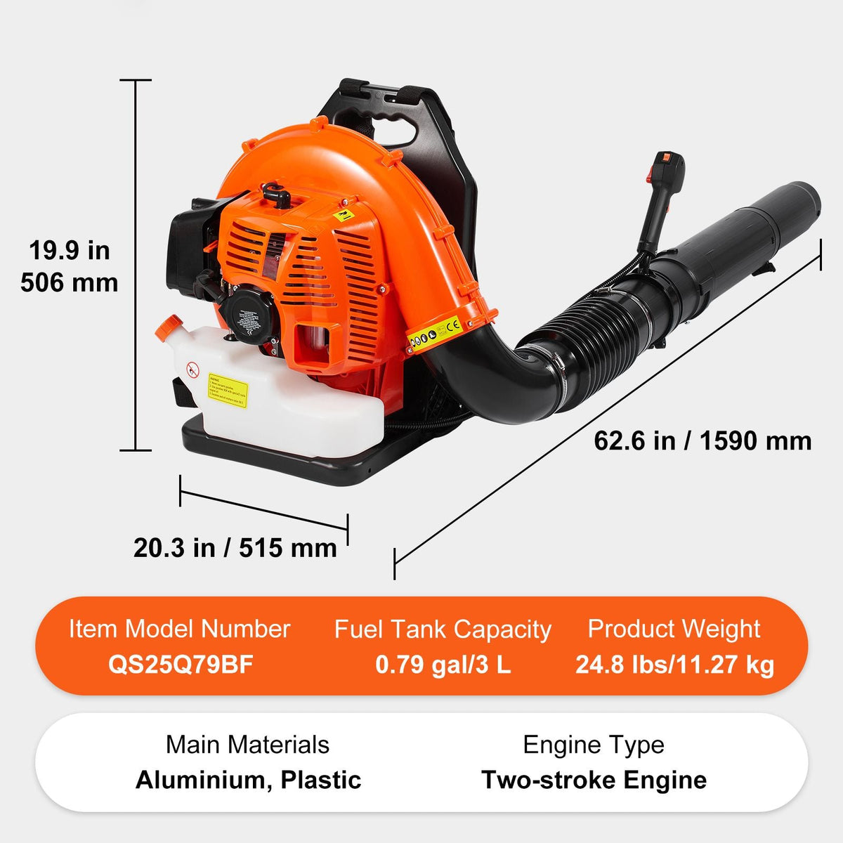 Backpack Leaf Blower, 79CC 2-Cycle Gas Leaf Blower with 3L Fuel Tank, 930CFM Air Volume 184MPH Speed, Ideal for Lawn Care, Leaf Cleaning, and Snow Removal