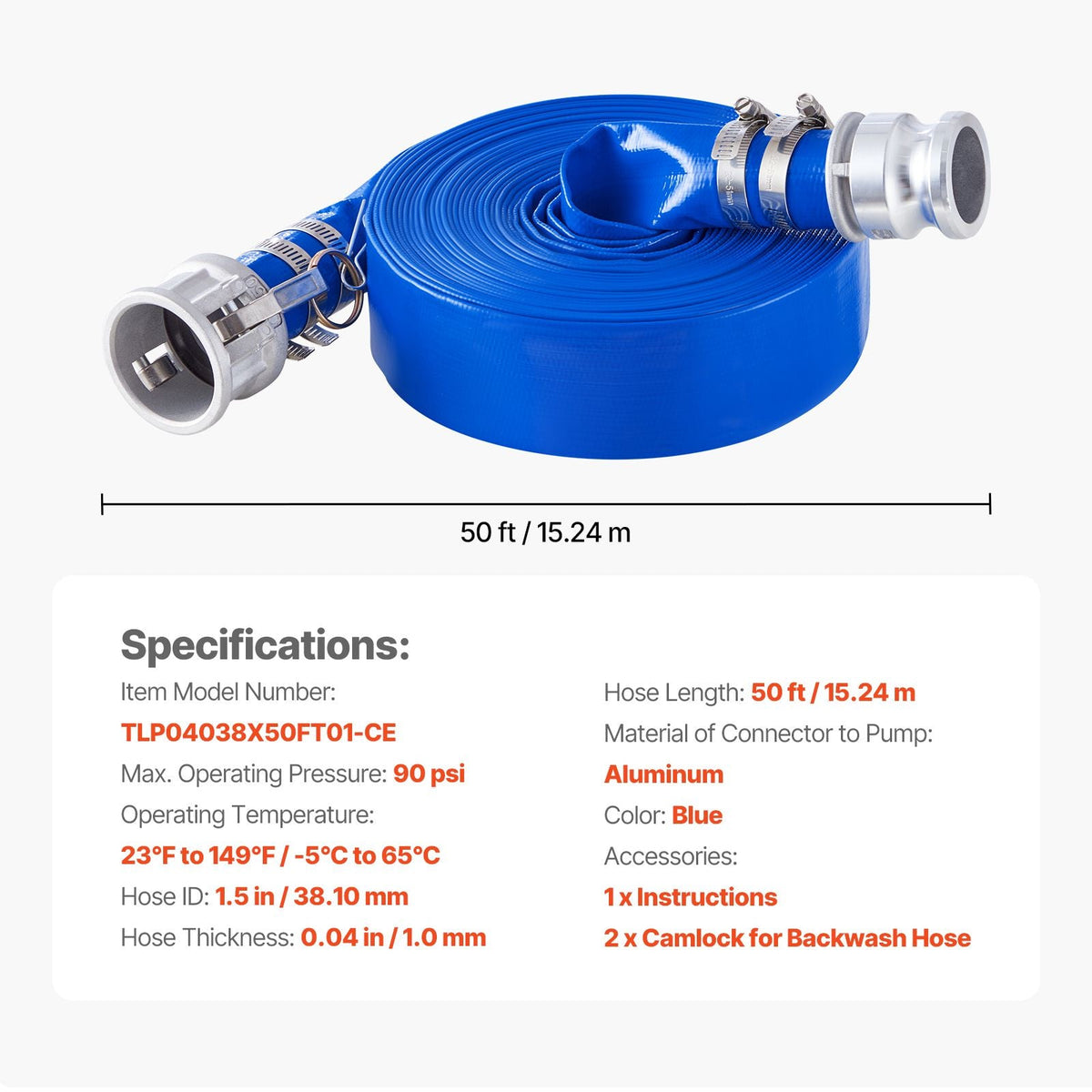 Backwash Hose, 1.5 in x 50 ft, Blue High Quality PVC Hose, with Clamps, Camlock, Aluminum Fittings, Fit Various Pumps, for Sewage Treatment, Water Transportation and More Agricultural Purposes