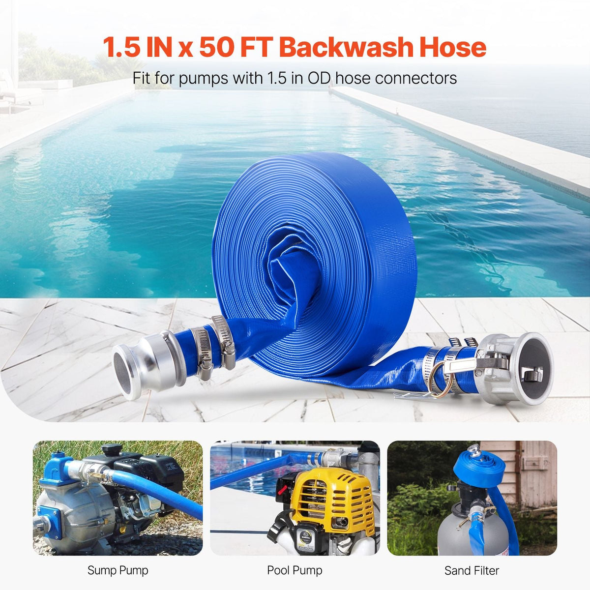 Backwash Hose, 1.5 in x 50 ft, Blue High Quality PVC Hose, with Clamps, Camlock, Aluminum Fittings, Fit Various Pumps, for Sewage Treatment, Water Transportation and More Agricultural Purposes