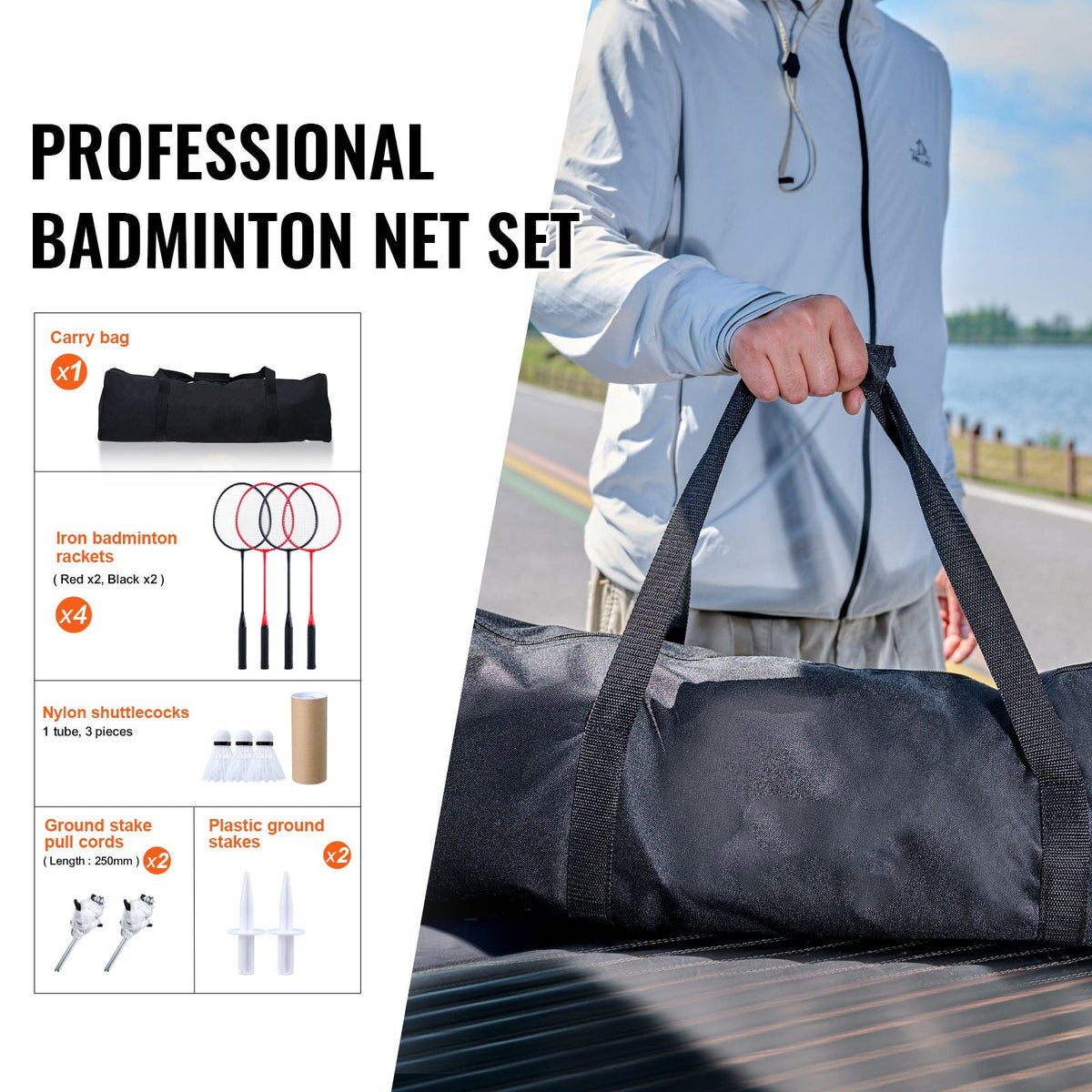 Badminton Net Set, Outdoor Backyard Beach Park Badminton Net, Portable Badminton Equipment Set, Adults Kids Badminton Net with Poles, Carrying Bag, 4 Iron Rackets, and 3 Nylon Shuttlecocks