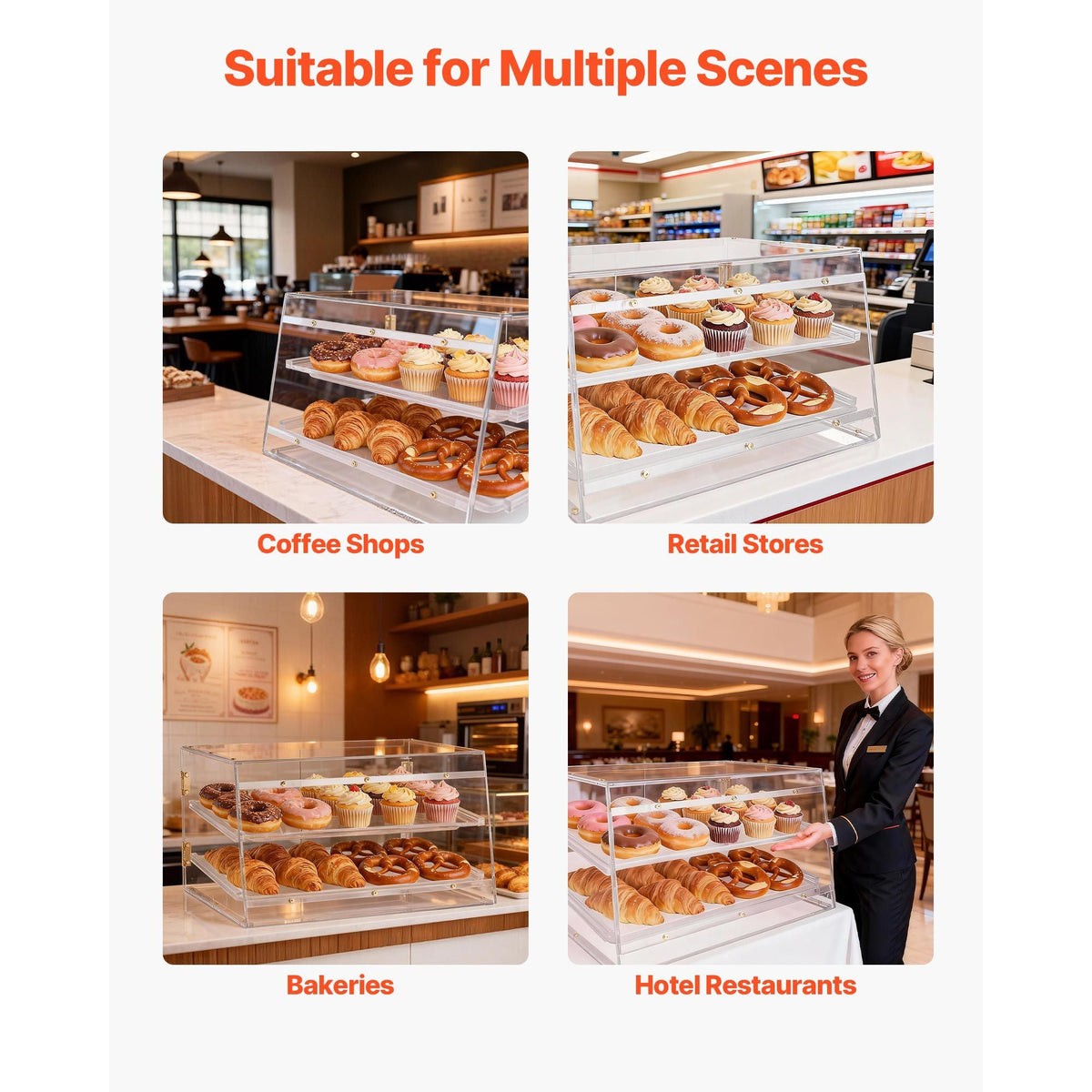 Bakery Display Case, 2-Tier Commercial Countertop Pastry Display Case, Clear Acrylic Bread Box for Kitchen, Party Cake Cabinet with Magnetic Rear Door for Cookie Dessert Donut, 20.7"x15.7"x12"