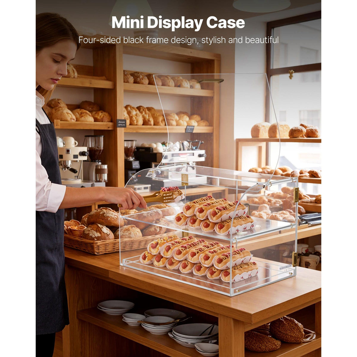 Bakery Display Case, 2-Tier Commercial Countertop Pastry Display Case, Clear Acrylic Bread Box for Kitchen, Party Cake Cabinet with Magnetic Rear Door for Cookie Dessert Donut, 22" x 14" x 14"
