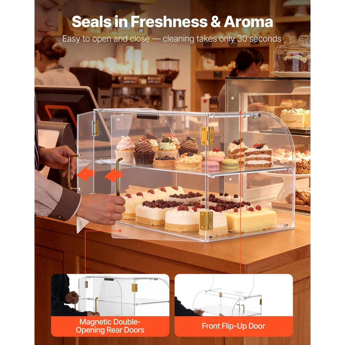 Bakery Display Case, 2-Tier Commercial Countertop Pastry Display Case, Clear Acrylic Bread Box for Kitchen, Party Cake Cabinet with Magnetic Rear Door for Cookie Dessert Donut, 22" x 14" x 14"