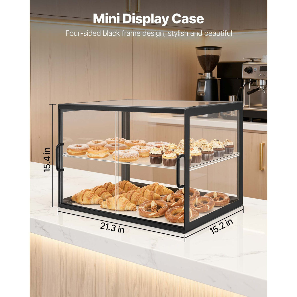 Bakery Display Case, 2-Tier Commercial Countertop Pastry Display Case, Clear Acrylic Bread Box for Kitchen, Party Cake Cabinet with Sliding Door for Cookie Dessert Donut, 21.7" x 15.2" x 15.4"