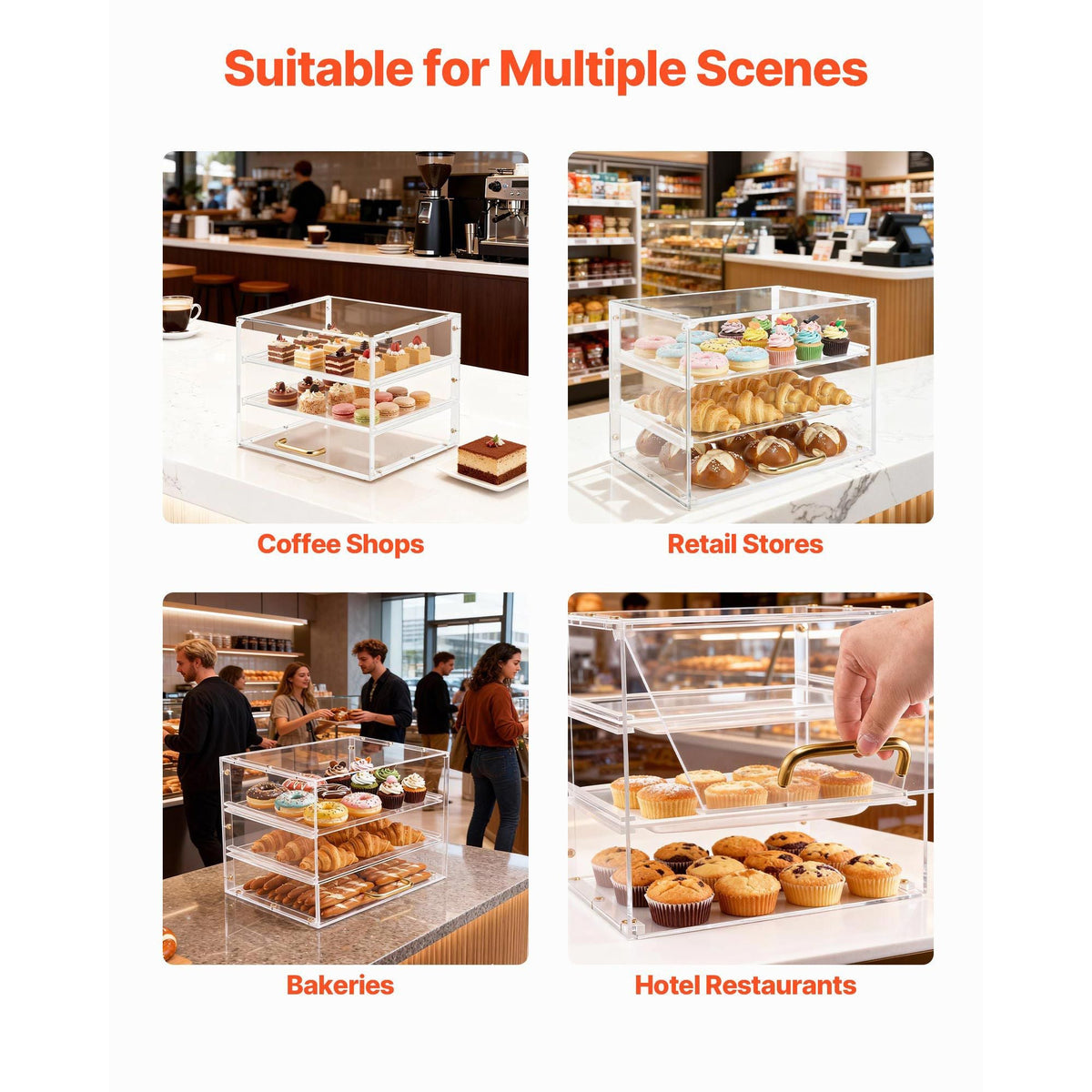 Bakery Display Case, 3-Tier Commercial Countertop Pastry Display Case, Clear Acrylic Bread Box for Kitchen, Party Cake Cabinet with Flip-Up Door for Cookie Dessert Donut, 13" x 10.2" x 10.2"