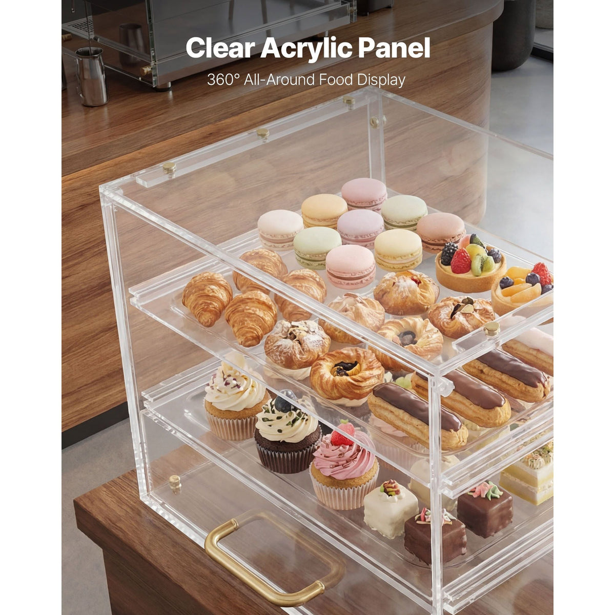 Bakery Display Case, 3-Tier Commercial Countertop Pastry Display Case, Clear Acrylic Bread Box for Kitchen, Party Cake Cabinet with Flip-Up Door for Cookie Dessert Donut, 13" x 10.2" x 10.2"