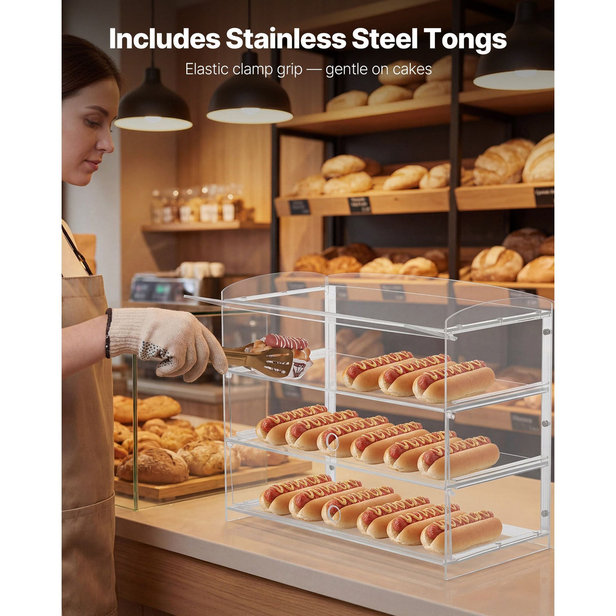Bakery Display Case, 3-Tier Commercial Countertop Pastry Display Case, Clear Acrylic Bread Box for Kitchen, Party Cake Cabinet with Flip-Up Door for Cookie Dessert Donut Bagel, 19" x 9.1" x 15"