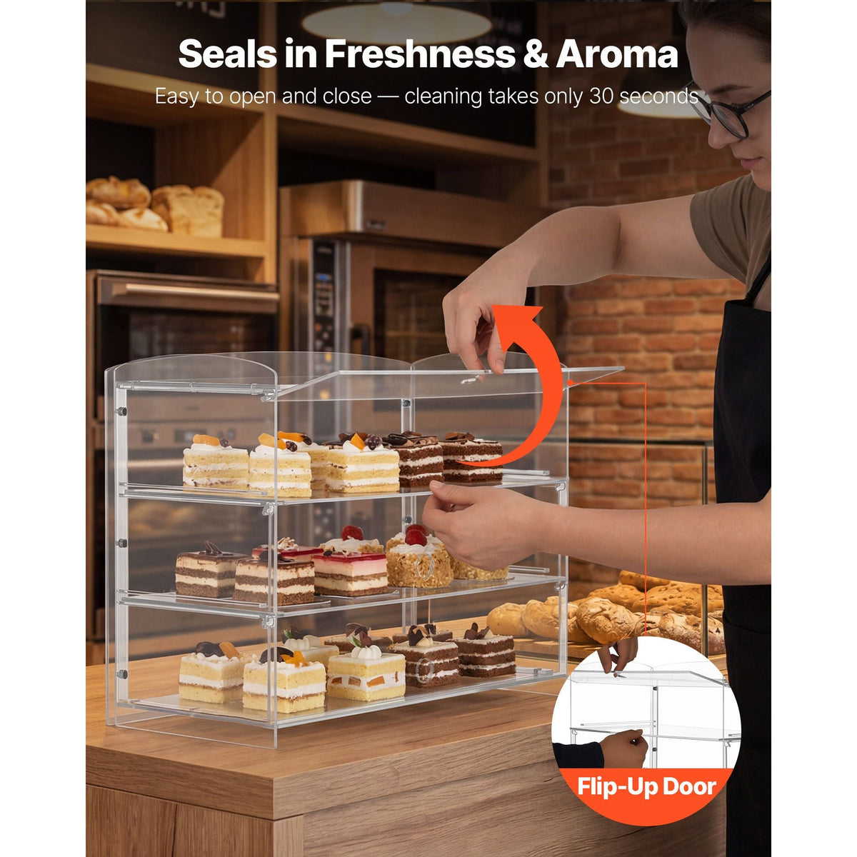 Bakery Display Case, 3-Tier Commercial Countertop Pastry Display Case, Clear Acrylic Bread Box for Kitchen, Party Cake Cabinet with Flip-Up Door for Cookie Dessert Donut Bagel, 19" x 9.1" x 15"