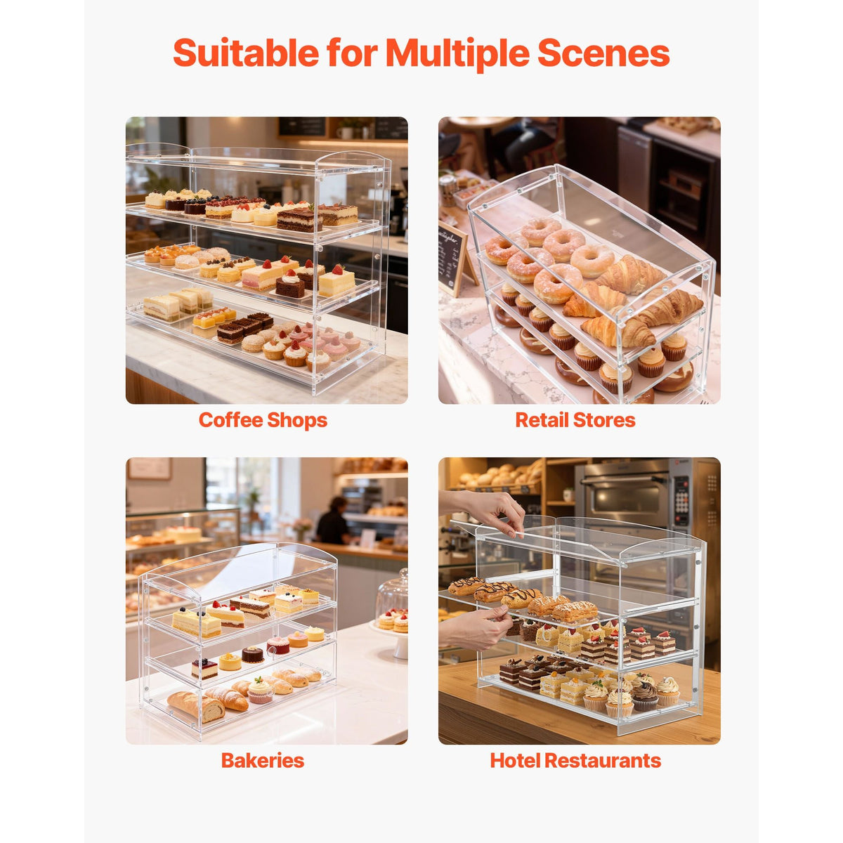 Bakery Display Case, 3-Tier Commercial Countertop Pastry Display Case, Clear Acrylic Bread Box for Kitchen, Party Cake Cabinet with Flip-Up Door for Cookie Dessert Donut Bagel, 19" x 9.1" x 15"