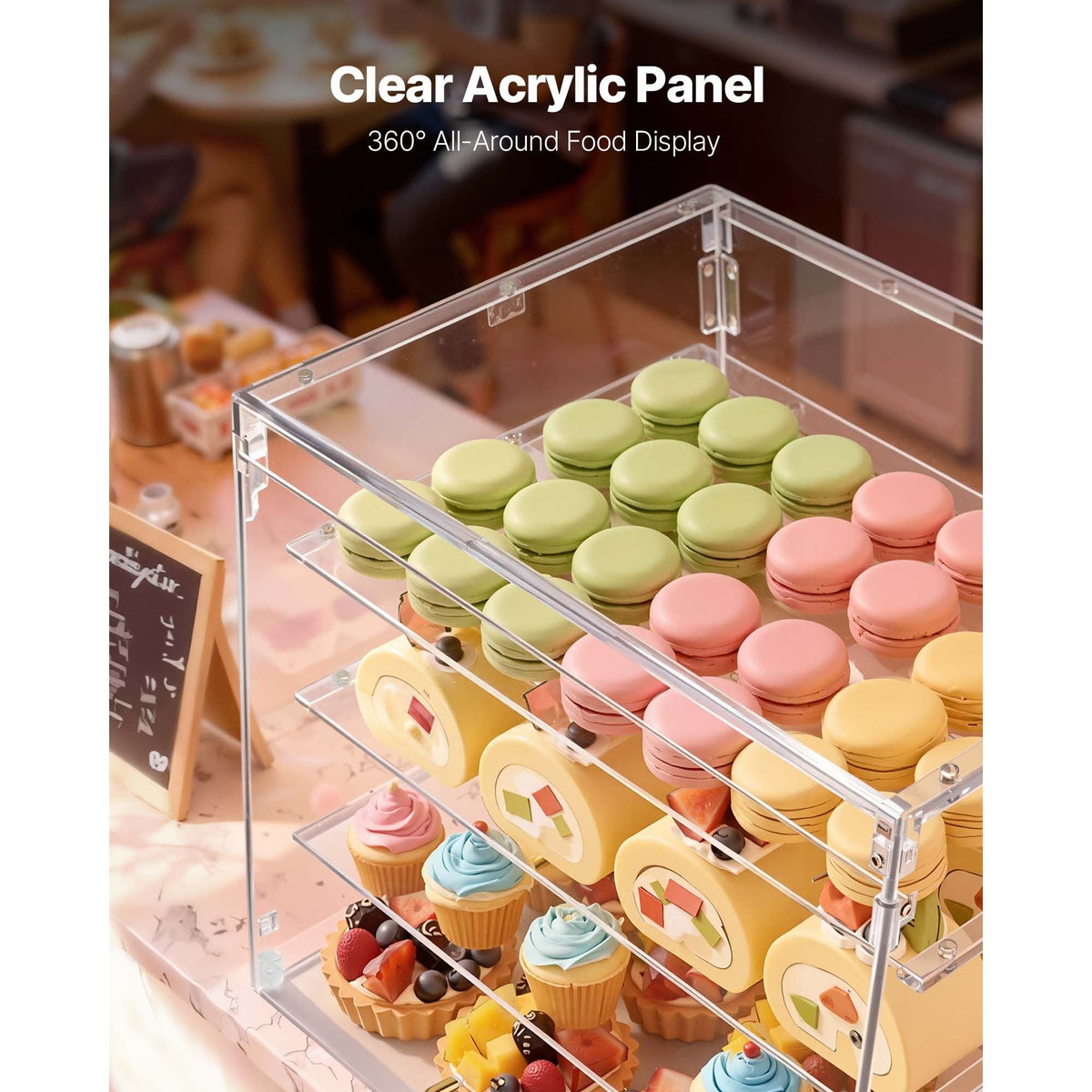 Bakery Display Case, 4-Tier Commercial Countertop Pastry Display Case, Clear Acrylic Bread Box for Kitchen, Party Cake Cabinet with Magnetic Rear Door for Cookie Dessert Donut, 20.9"x17.1"x16.3"
