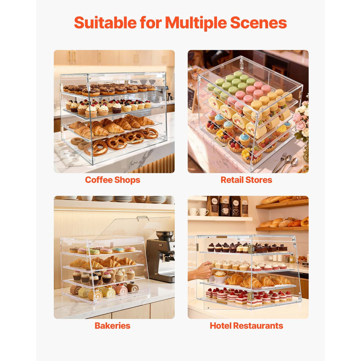 Bakery Display Case, 4-Tier Commercial Countertop Pastry Display Case, Clear Acrylic Bread Box for Kitchen, Party Cake Cabinet with Magnetic Rear Door for Cookie Dessert Donut, 20.9"x17.1"x16.3"