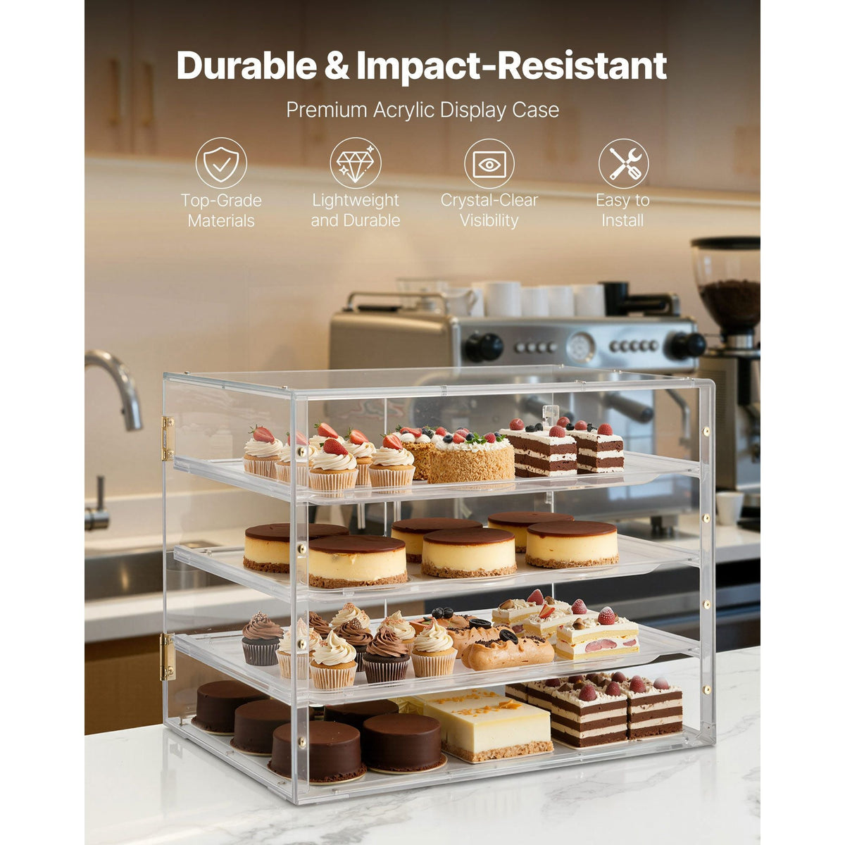 Bakery Display Case, 4-Tier Commercial Countertop Pastry Display Case, Clear Acrylic Bread Box for Kitchen, Party Cake Cabinet with Magnetic Rear Door for Cookie Dessert Donut, 22.4"x17.3"x15.9"