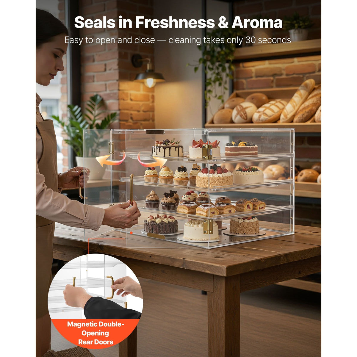 Bakery Display Case, 4-Tier Commercial Countertop Pastry Display Case, Clear Acrylic Bread Box for Kitchen, Party Cake Cabinet with Magnetic Rear Door for Cookie Dessert Donut, 22.4"x17.3"x15.9"