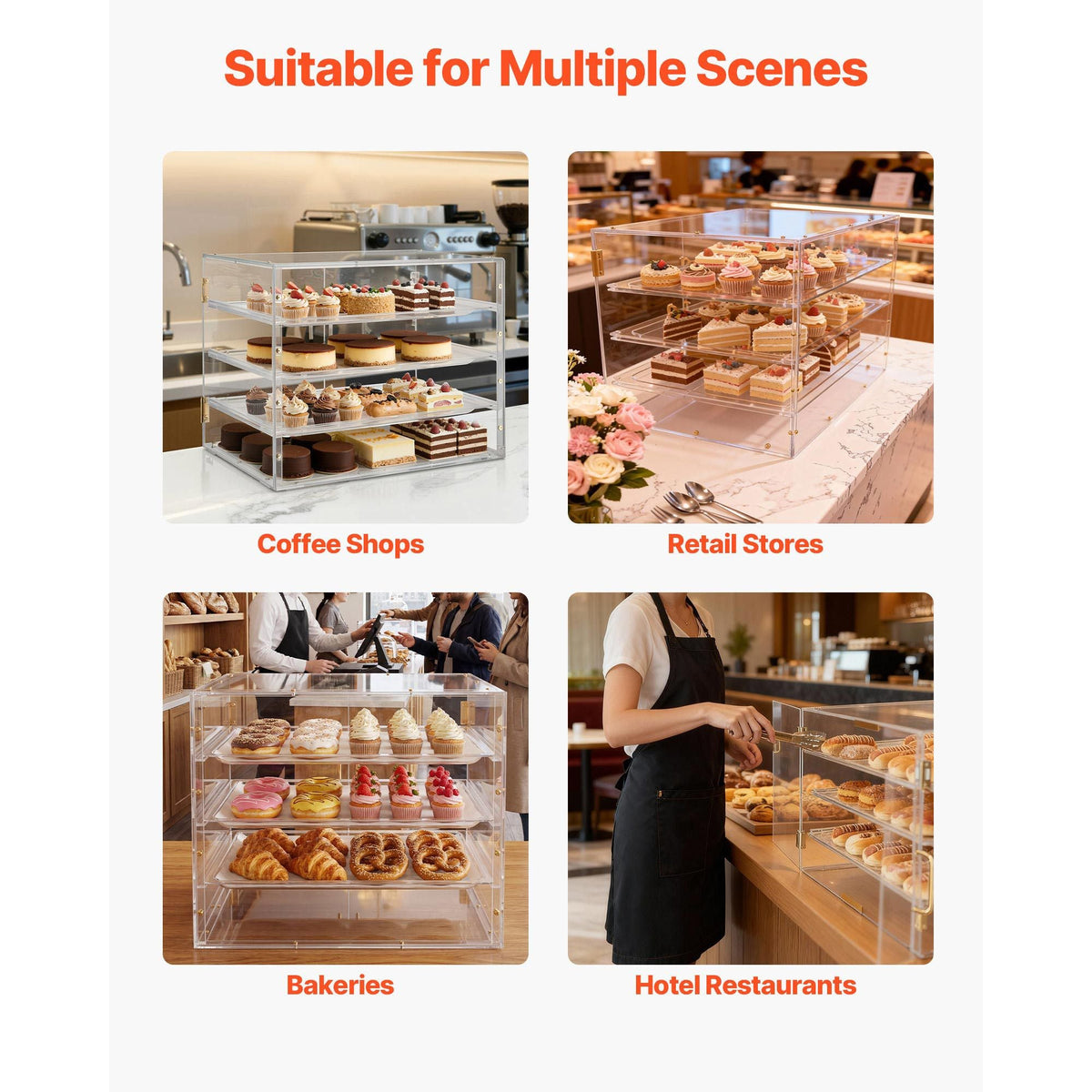 Bakery Display Case, 4-Tier Commercial Countertop Pastry Display Case, Clear Acrylic Bread Box for Kitchen, Party Cake Cabinet with Magnetic Rear Door for Cookie Dessert Donut, 22.4"x17.3"x15.9"