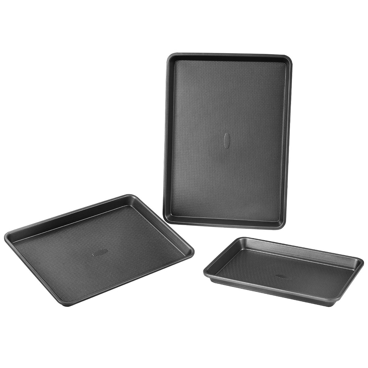 Baking Pans Set, 3-Piece, Nonstick Carbon Steel Cookware Sheets & Trays, Stackable Kitchen Oven Bakeware Cooking Sets with Silicone Handles, Easy to Clean, for Baking Cookie Cake Muffin Bread
