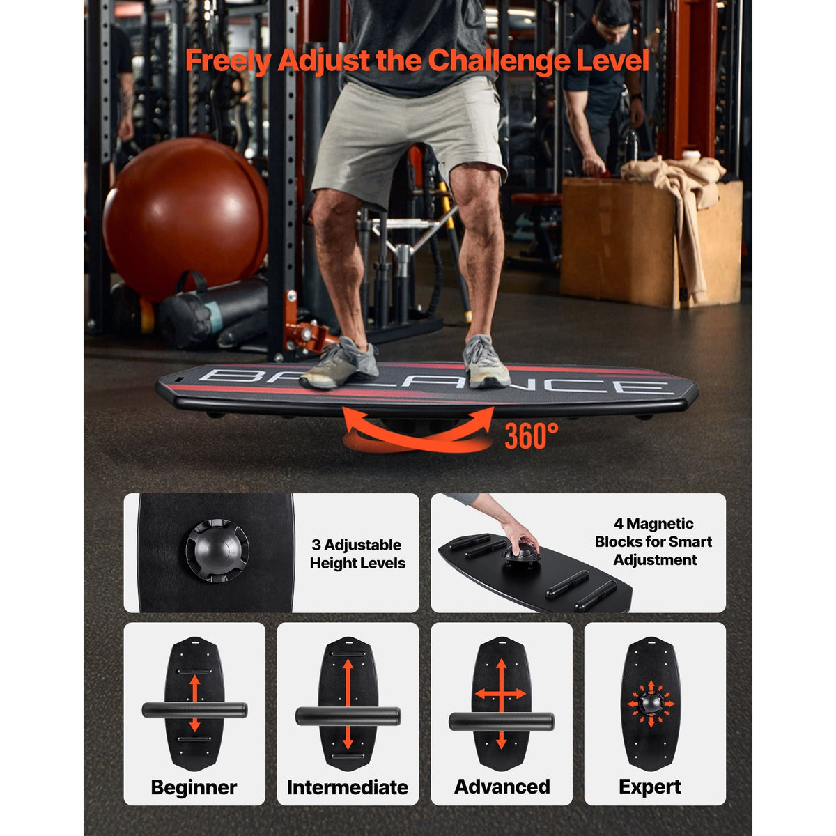 Balance Board, 3-Level Height Adjustable Wobble Board Trainer for Adults, Premium Wooden Balance Training Equipment, with Roller, Magnetic Stoppers, Storage Rack, for Core Workouts, Surf Trainer