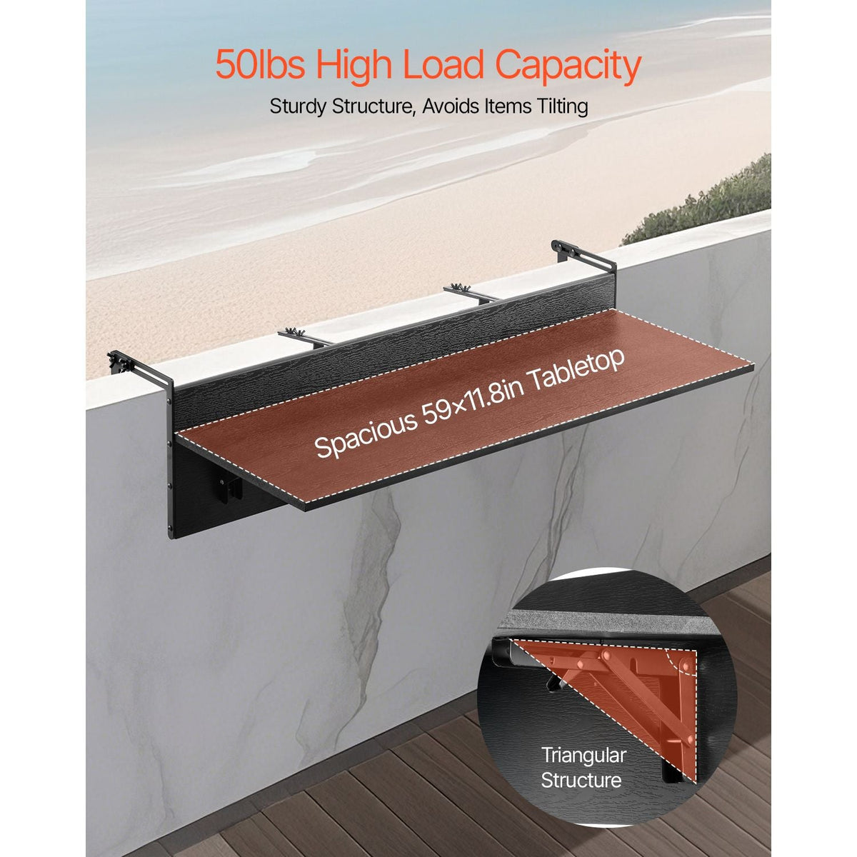 Balcony Hanging Table, 12 x 59 in Folding Balcony Railing Table, Outdoor Balcony Bar Table for Railings, 50 lbs Loading, Fit Railing from 1" to 5.9", Serving Table for Patio & Deck