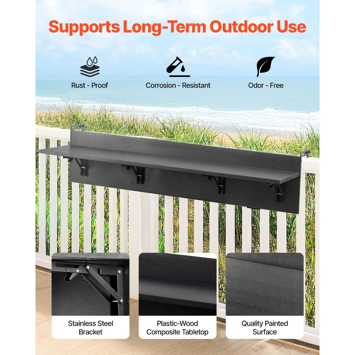 Balcony Hanging Table, 12 x 59 in Folding Balcony Railing Table, Outdoor Balcony Bar Table for Railings, 50 lbs Loading, Fit Railing from 1" to 5.9", Serving Table for Patio & Deck