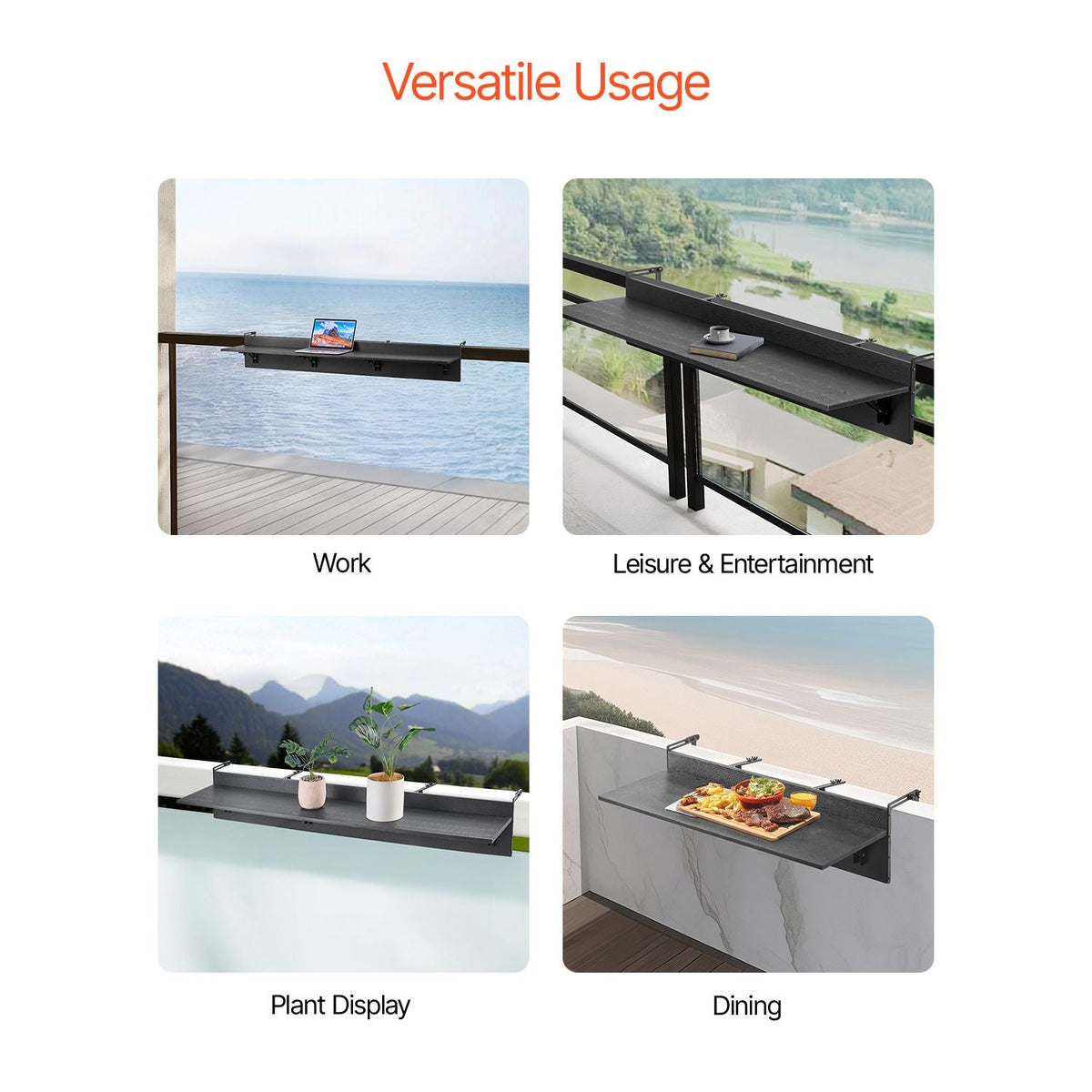 Balcony Hanging Table, 12 x 59 in Folding Balcony Railing Table, Outdoor Balcony Bar Table for Railings, 50 lbs Loading, Fit Railing from 1" to 5.9", Serving Table for Patio & Deck