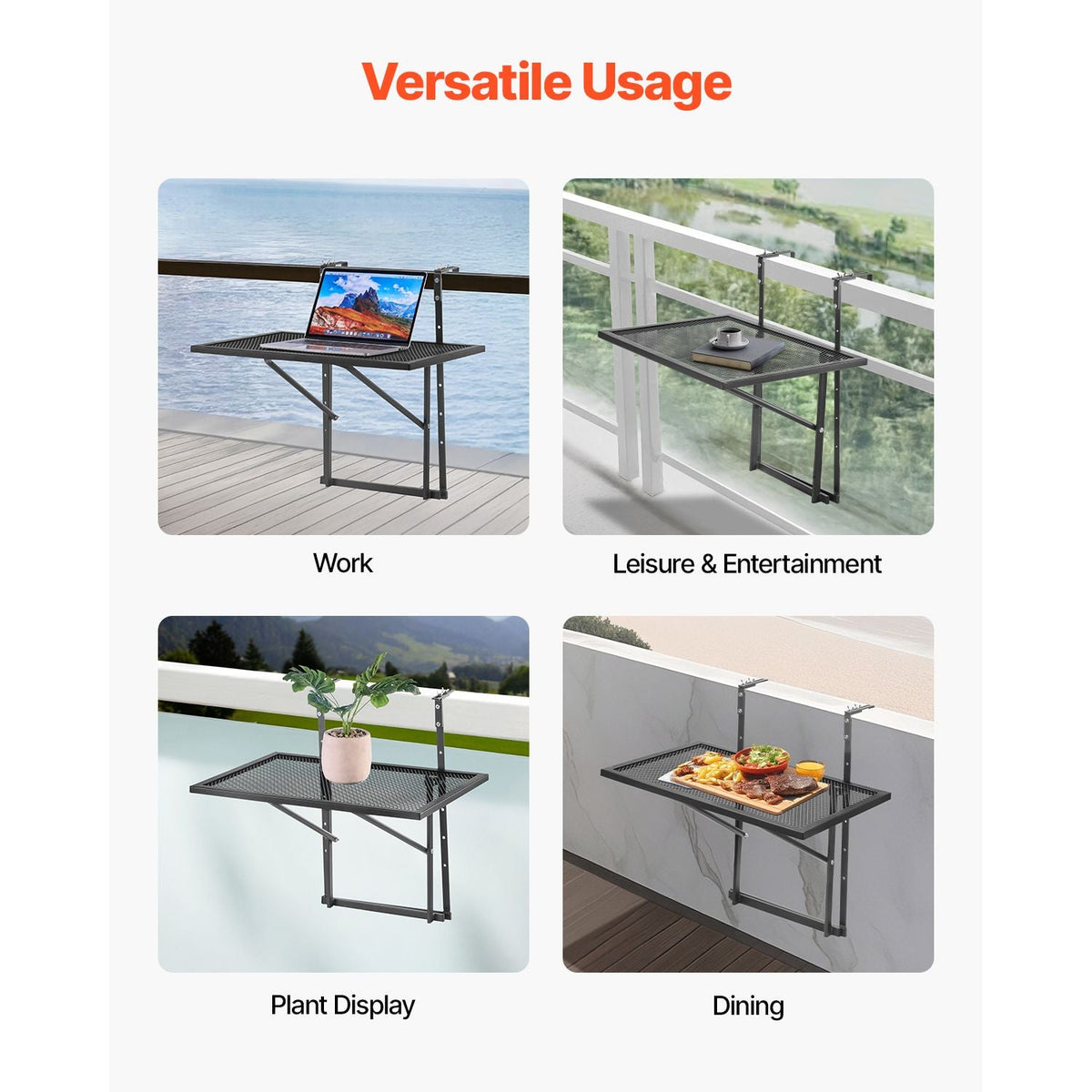 Balcony Hanging Table, 19 x 24 in Metal Folding Balcony Railing Table, Outdoor Balcony Bar Table for Railings, 5-Level Adjustable, Fit Railing from 1" to 4.7", Serving Table for Patio & Deck