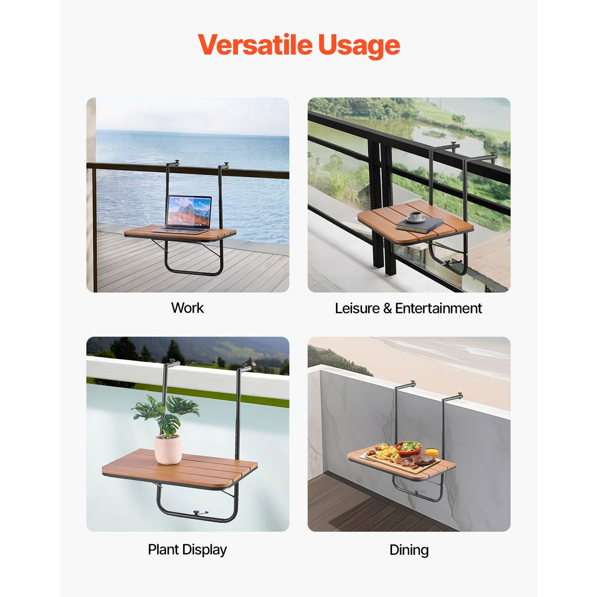 Balcony Hanging Table, 25 x 24 in Folding Balcony Railing Table, Outdoor Balcony Bar Table for Railings, 4-Level Adjustable, Fit Railing from 1" to 8.27", Serving Table for Patio & Deck