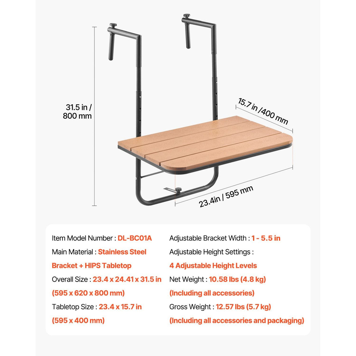 Balcony Hanging Table, 25 x 24 in Folding Balcony Railing Table, Outdoor Balcony Bar Table for Railings, 4-Level Adjustable, Fit Railing from 1" to 8.27", Serving Table for Patio & Deck