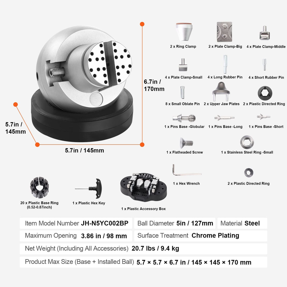 Ball Vise, 5" Engraving Setting Tool, 360° Rotation Engraving Block Vise, 69 PCS Attachment Jewelry Engraving Block Tools Standard Block for Gemstone Inlay and Small-Scale Engraving