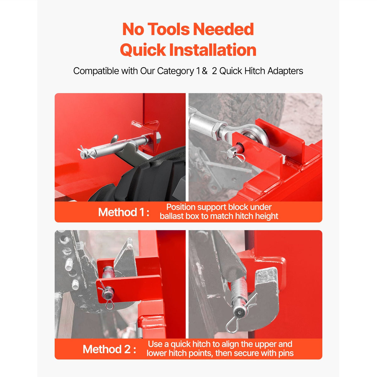 Ballast Box, 3-Point Category 1 Tractor Ballast of 800 lbs Capacity, with Standard 2 Inch Hitch Receiver, Heavy-Duty Steel 3.2 ft³ Large Volume Durable Loader Attachment with Sliding Door, Red
